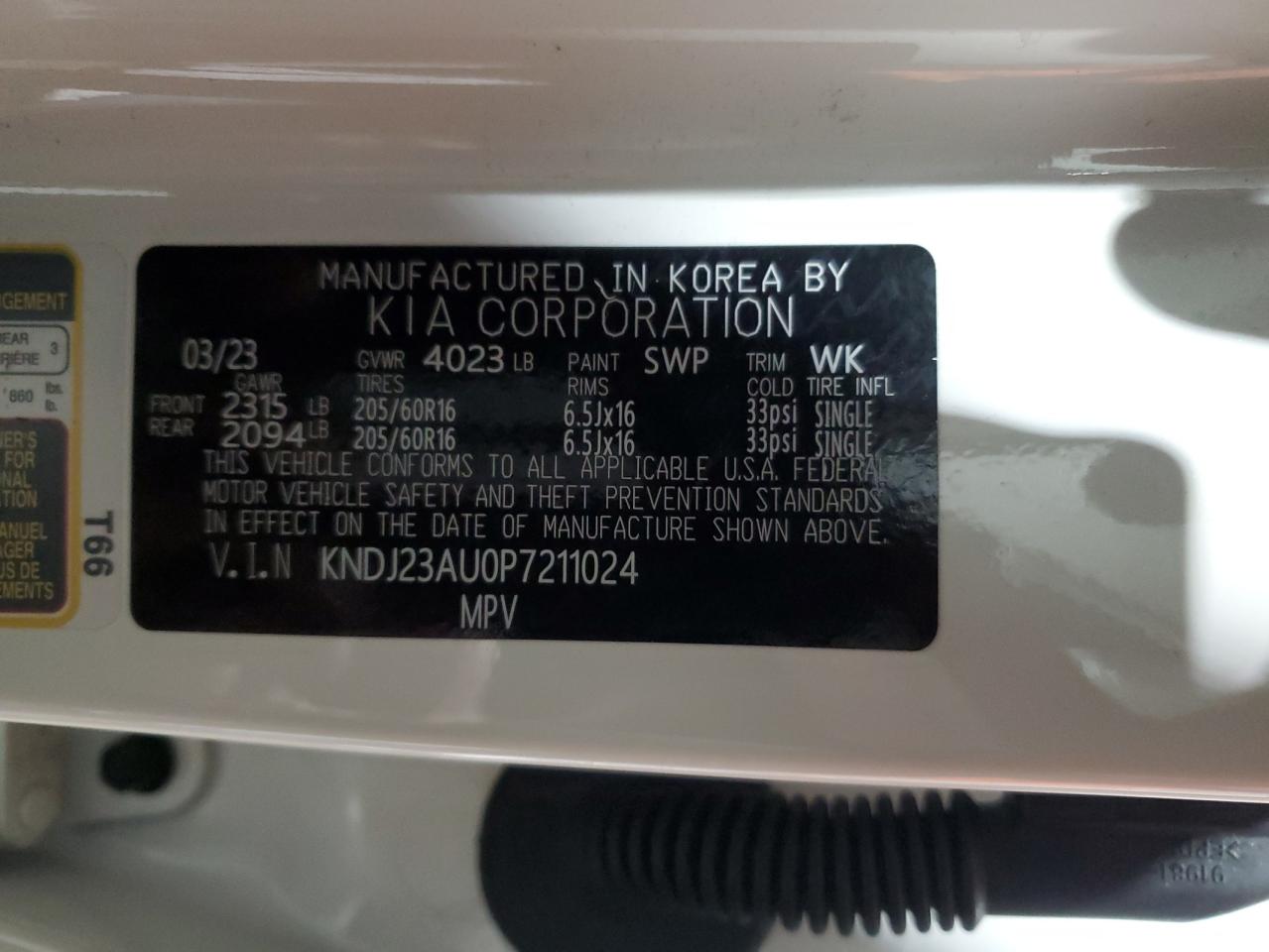 2023 KIA SOUL LX VIN:KNDJ23AU0P7211024