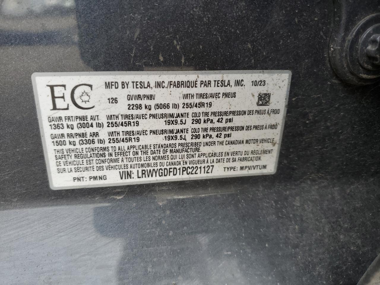 2023 TESLA MODEL Y VIN:LRWYGDFD1PC221127