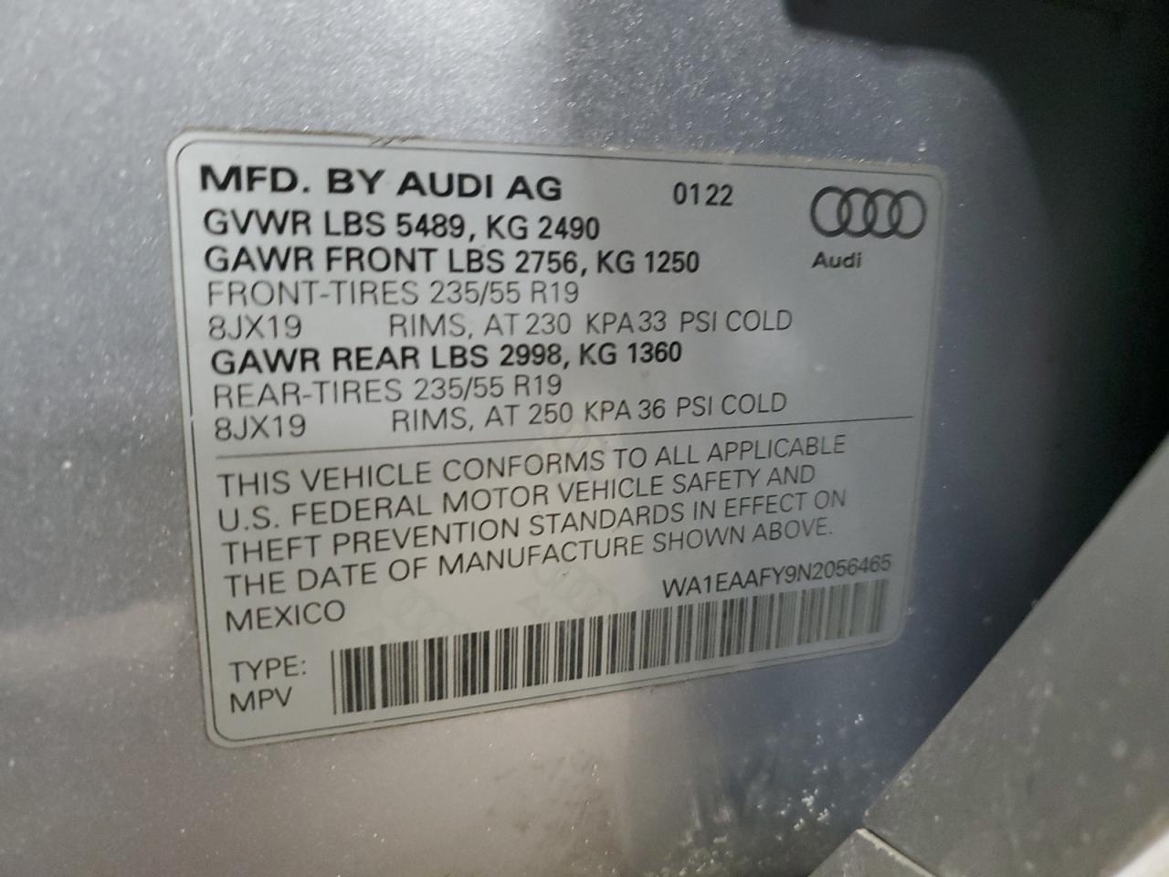 2022 AUDI Q5 PREMIUM PLUS 45 VIN:WA1EAAFY9N2056465