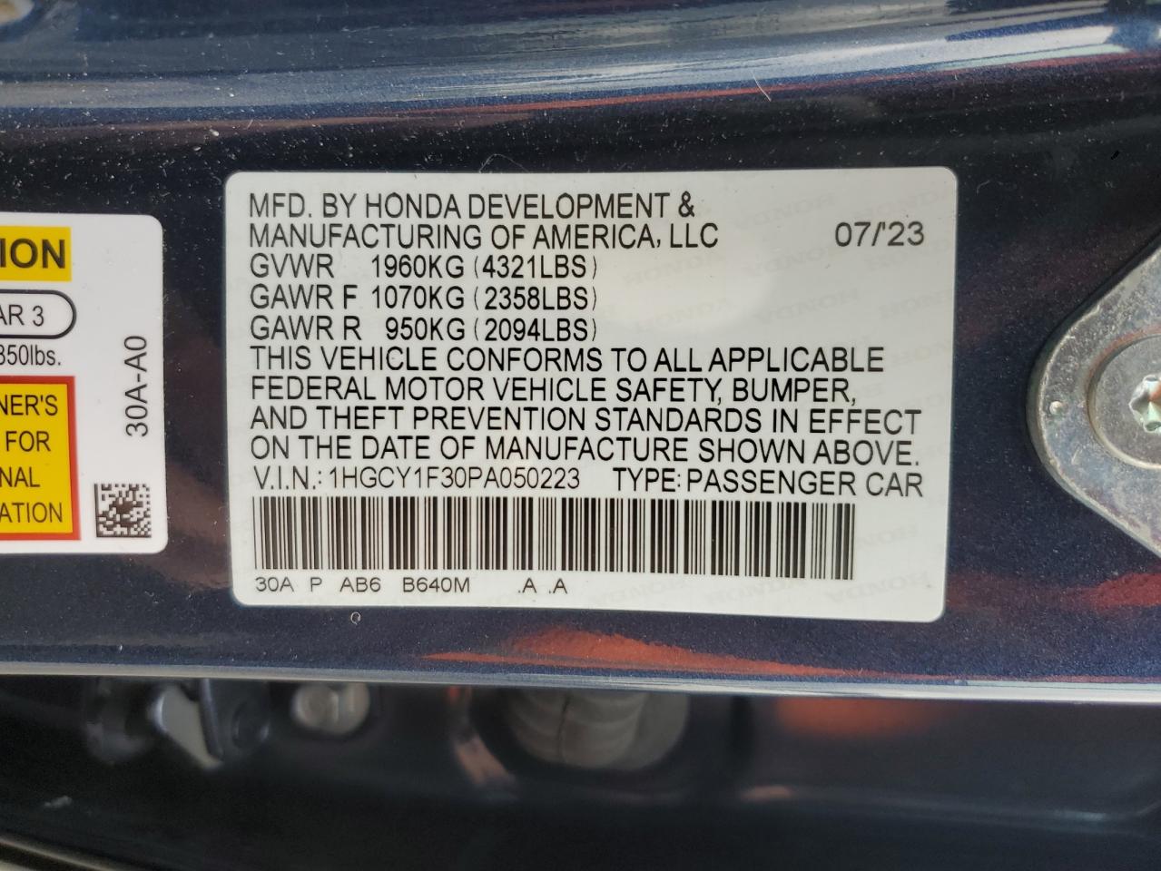 2023 HONDA ACCORD EX VIN:1HGCY1F30PA050223