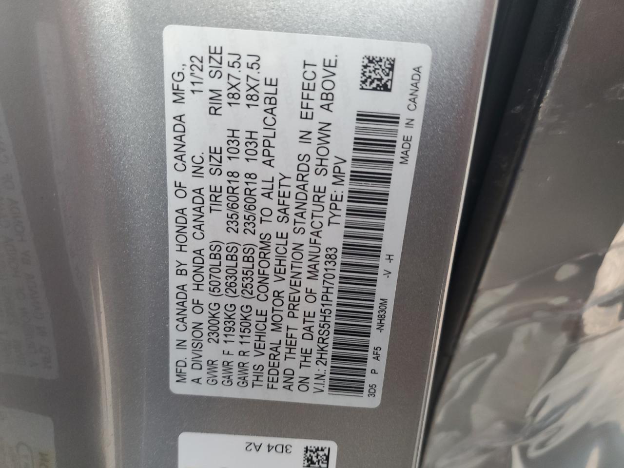 2023 HONDA CR-V SPORT VIN:2HKRS5H51PH701383