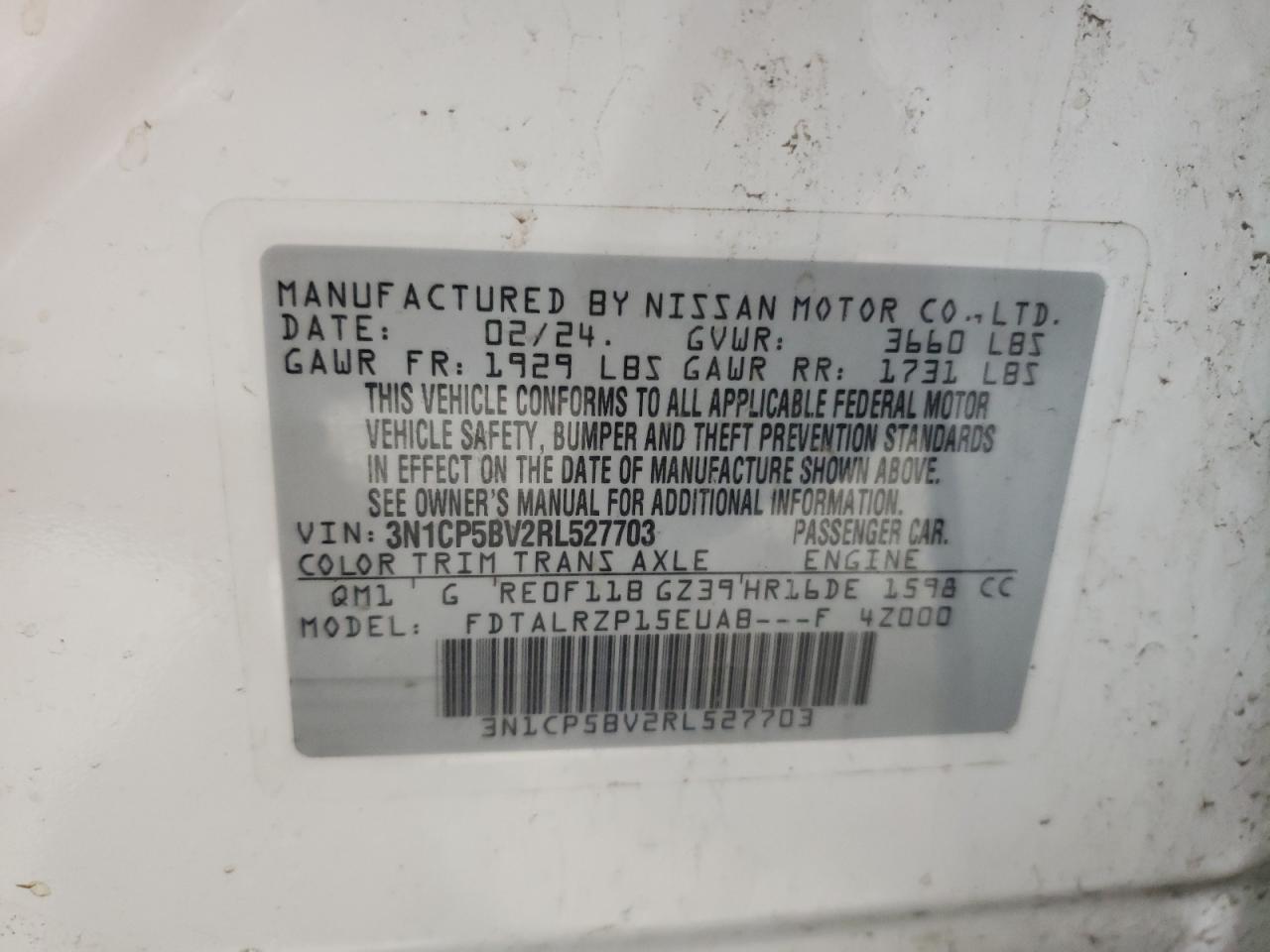 2024 NISSAN KICKS S VIN:3N1CP5BV2RL527703