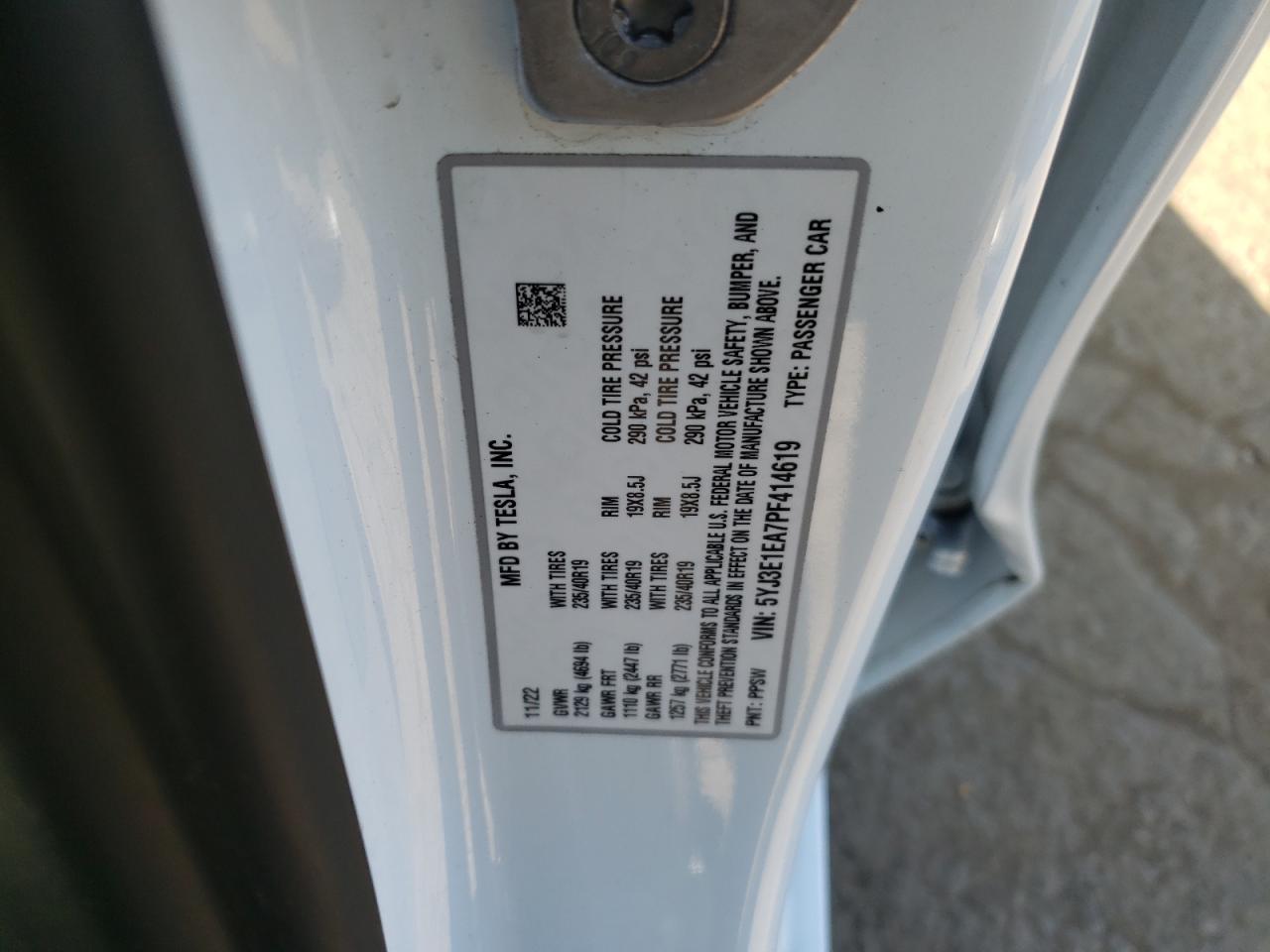 2023 TESLA MODEL 3 VIN:5YJ3E1EA7PF414619