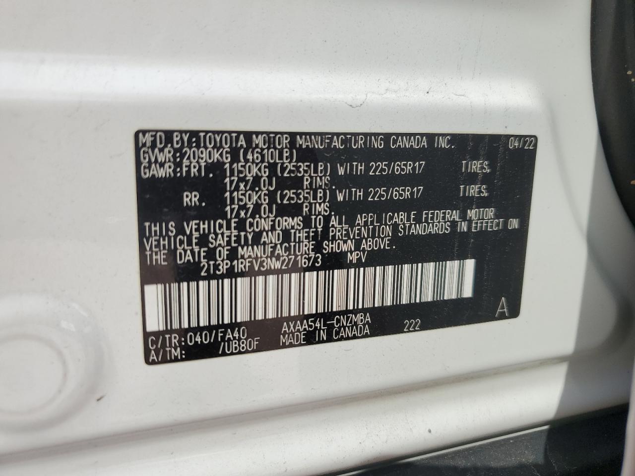 2022 TOYOTA RAV4 XLE VIN:2T3P1RFV3NW271673