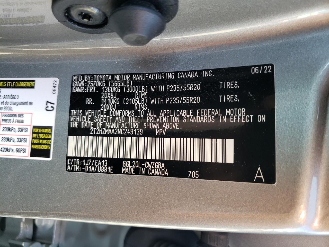 2022 LEXUS RX 350 VIN:2T2HZMAA2NC249139