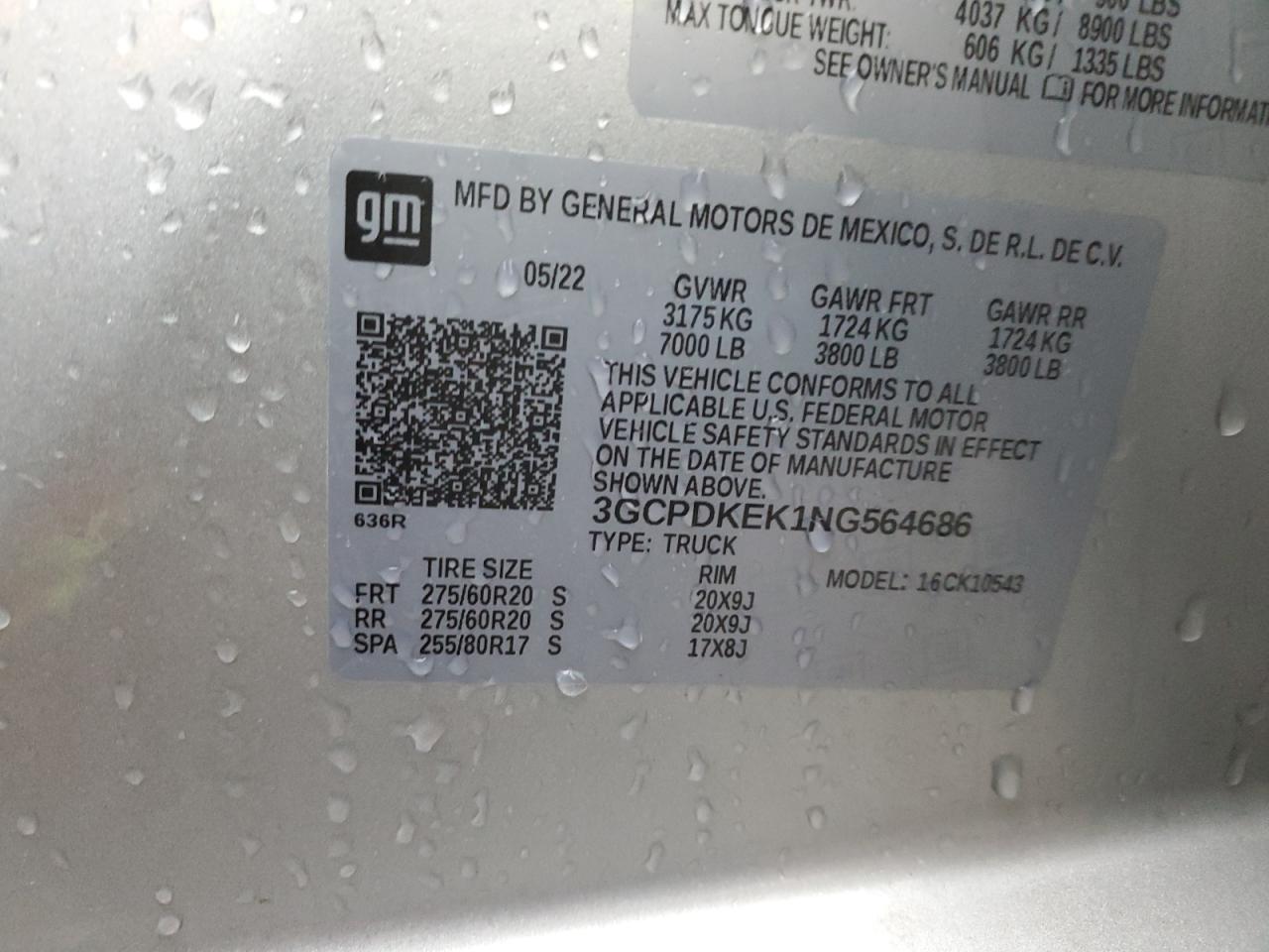 2022 CHEVROLET SILVERADO K1500 LT-L VIN:3GCPDKEK1NG564686