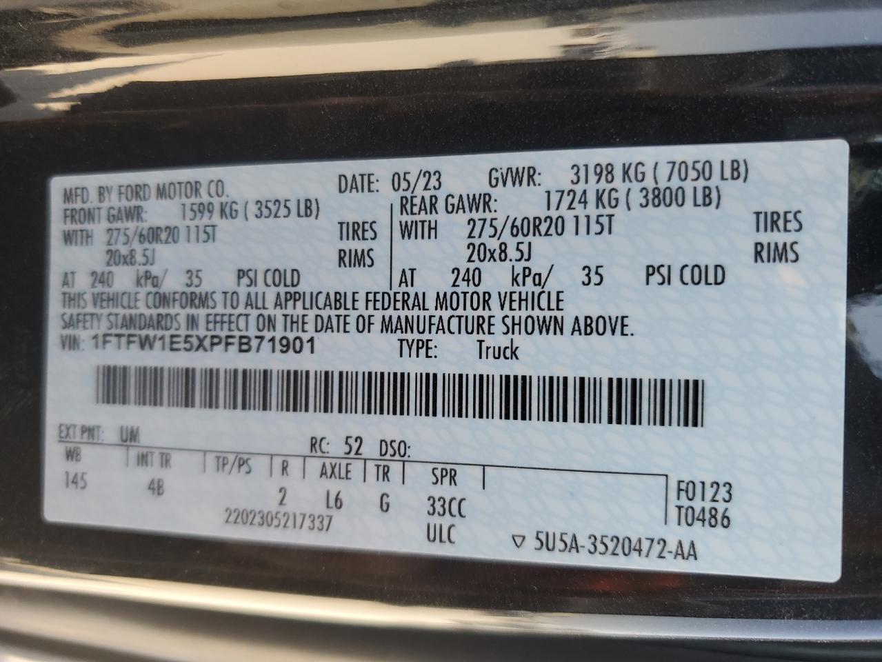 2023 FORD F150 SUPERCREW VIN:1FTFW1E5XPFB71901