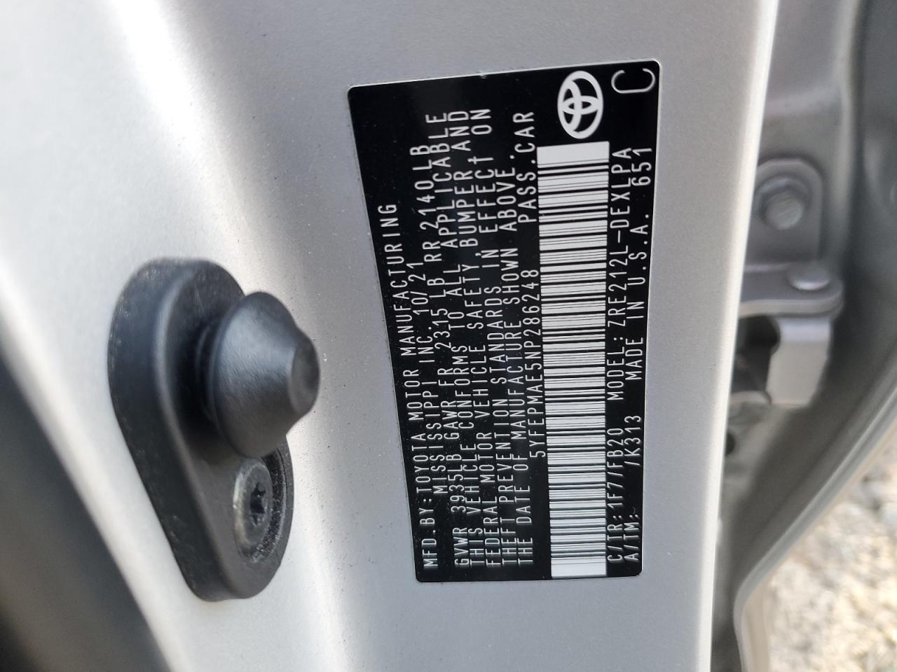 2022 TOYOTA COROLLA LE VIN:5YFEPMAE5NP286248