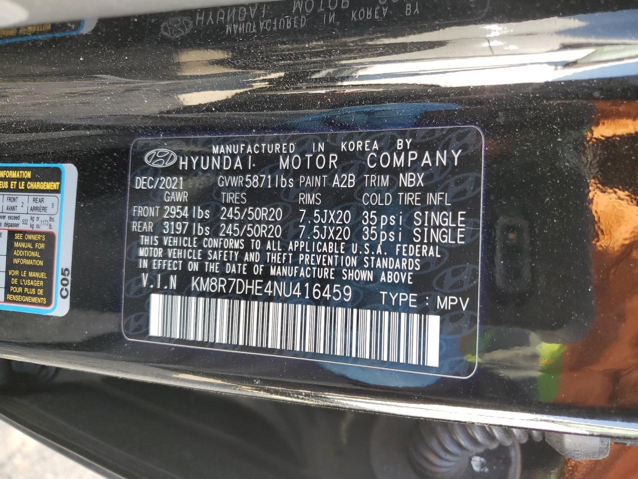 2022 HYUNDAI PALISADE CALLIGRAPHY VIN:KM8R7DHE4NU416459