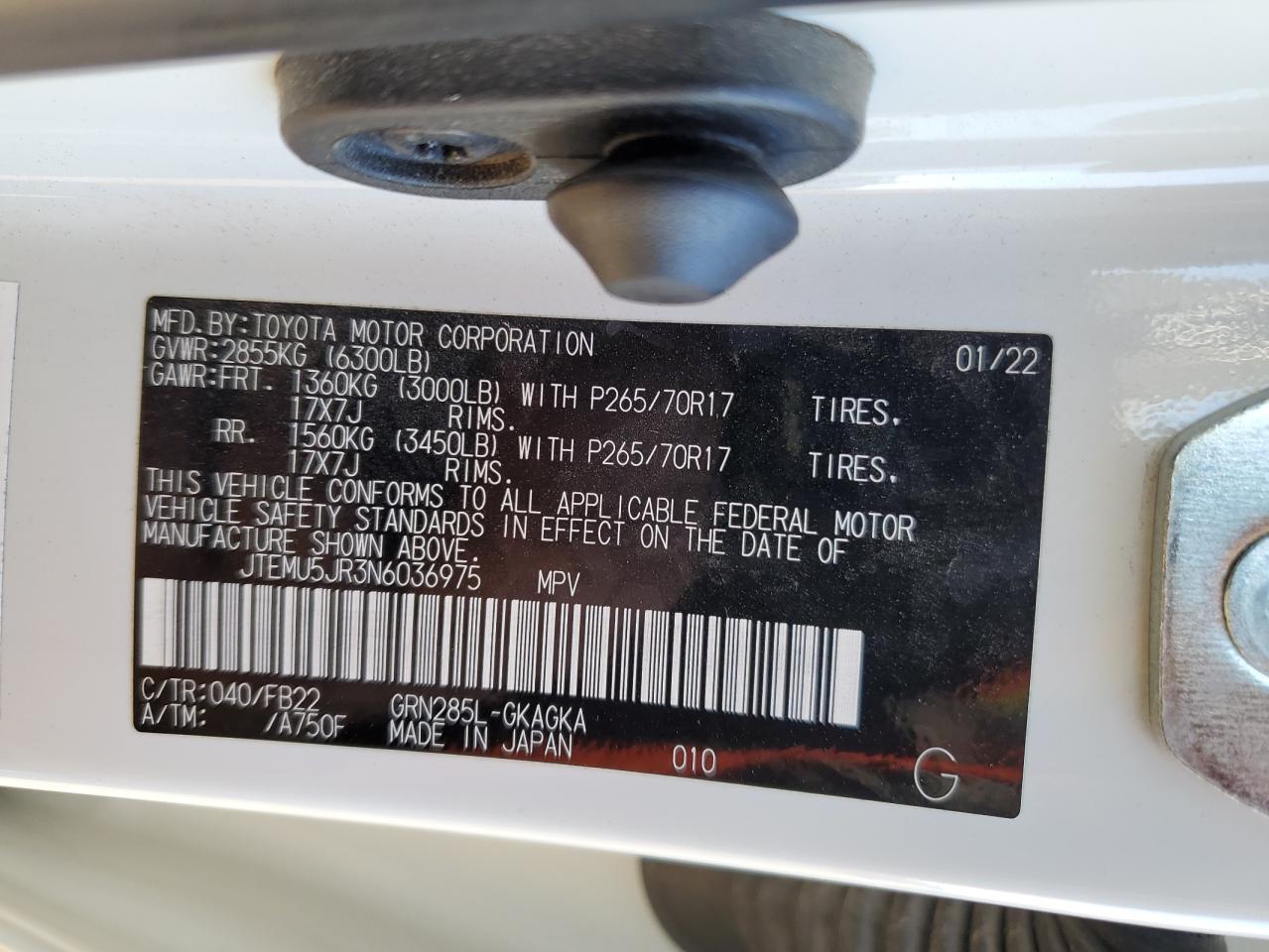 2022 TOYOTA 4RUNNER SR5/SR5 PREMIUM VIN:JTEMU5JR3N6036975