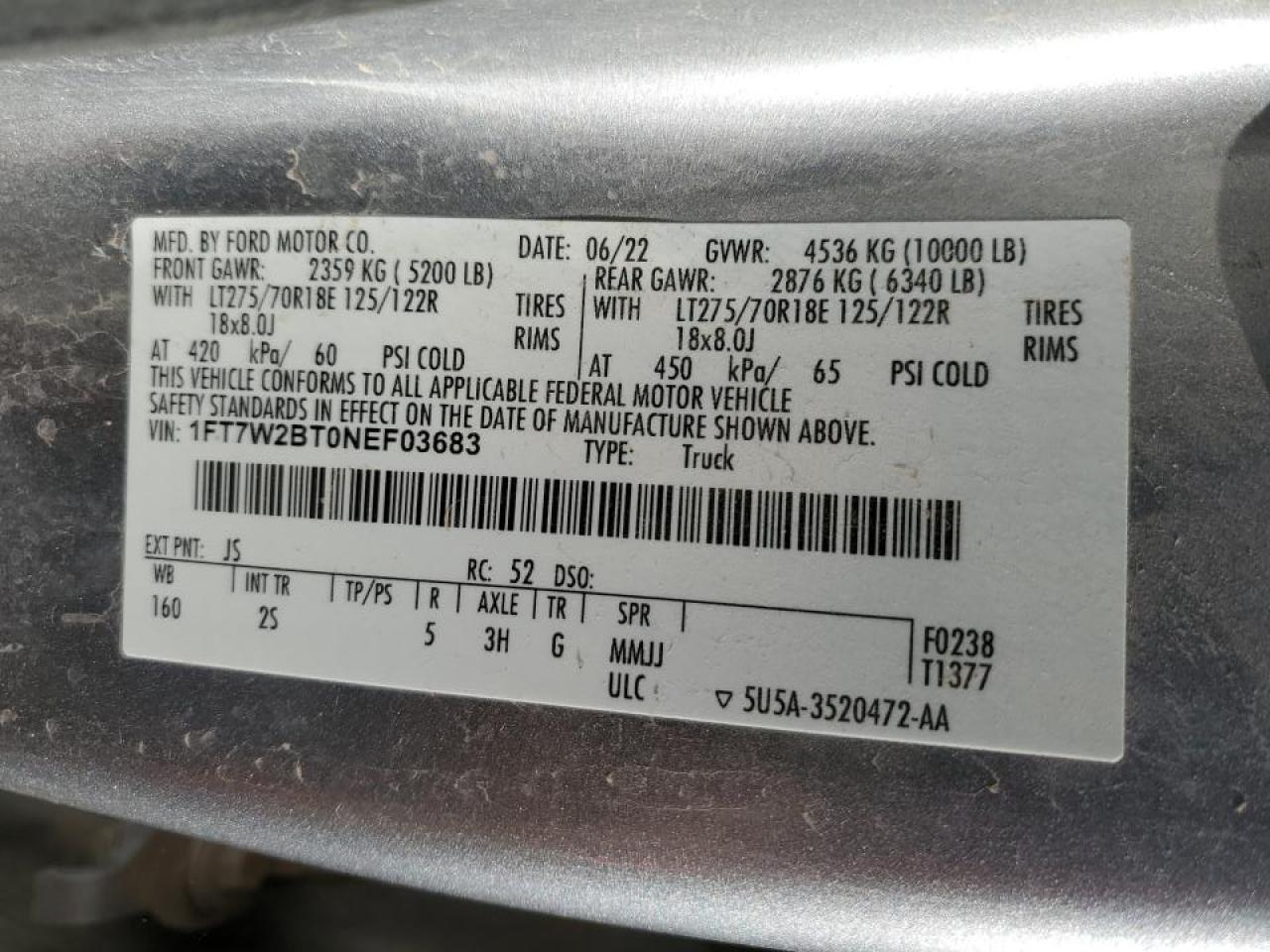 2022 FORD F250 SUPER DUTY VIN:1FT7W2BT0NEF03683