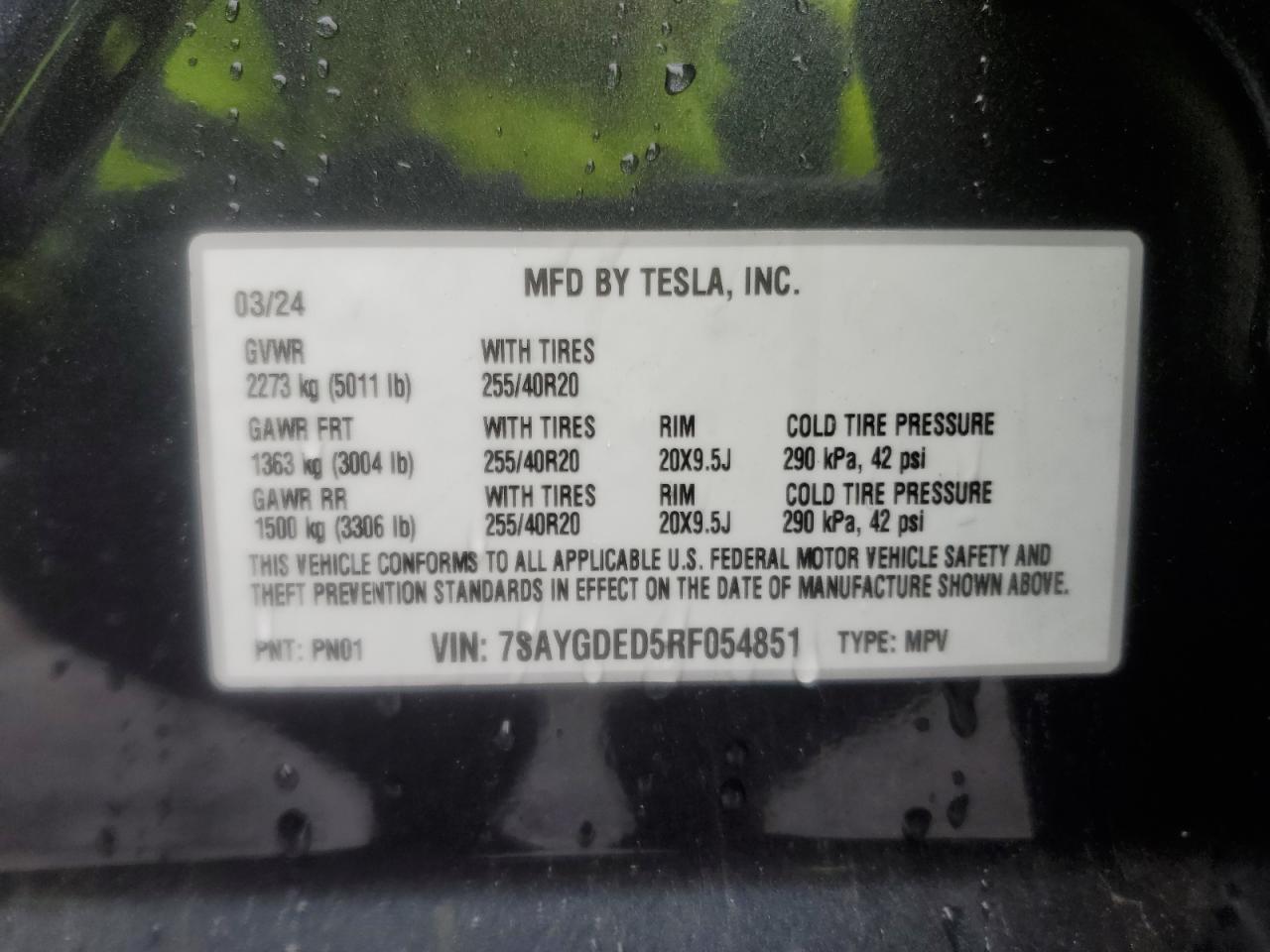 2024 TESLA MODEL Y VIN:7SAYGDED5RF054851