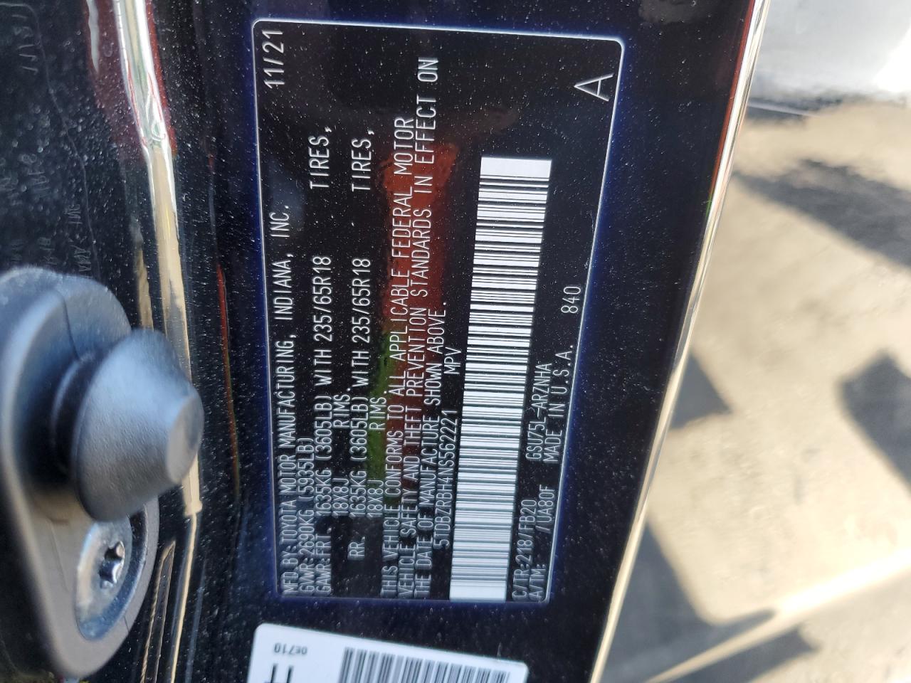 2022 TOYOTA HIGHLANDER L VIN:5TDBZRBH4NS562221