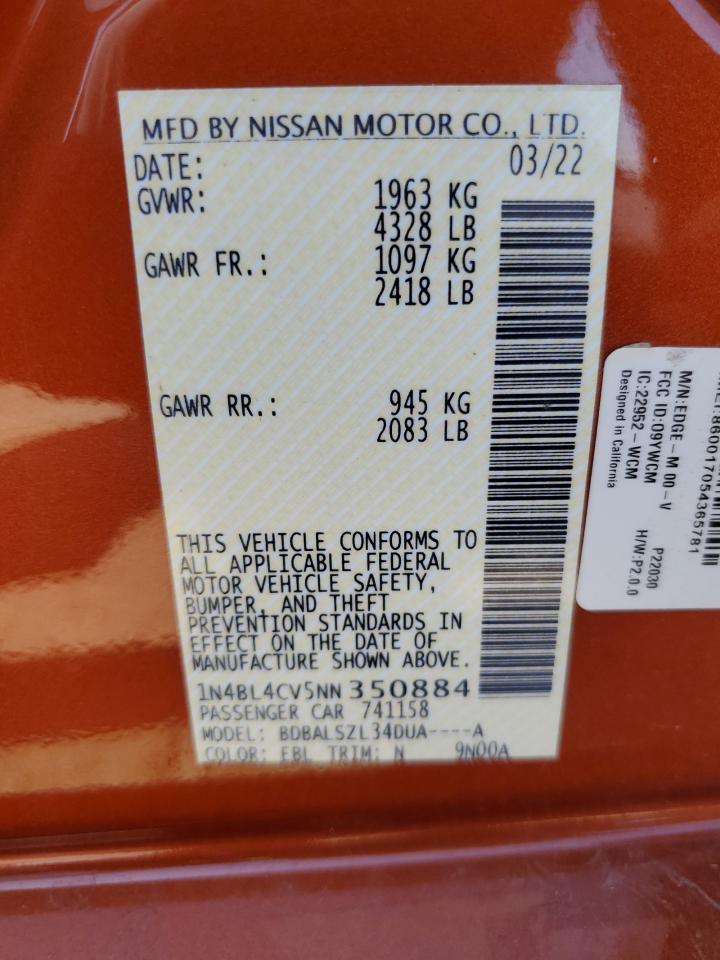 2022 NISSAN ALTIMA SR VIN:1N4BL4CV5NN350884