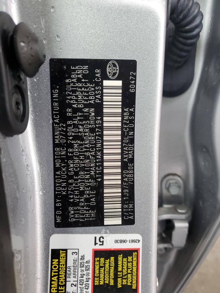 2022 TOYOTA CAMRY LE VIN:4T1C11AK1NU717194