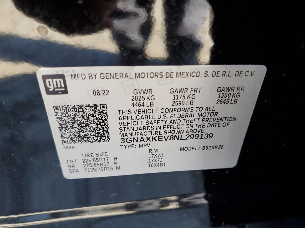 2022 CHEVROLET EQUINOX LT VIN:3GNAXKEV8NL299139