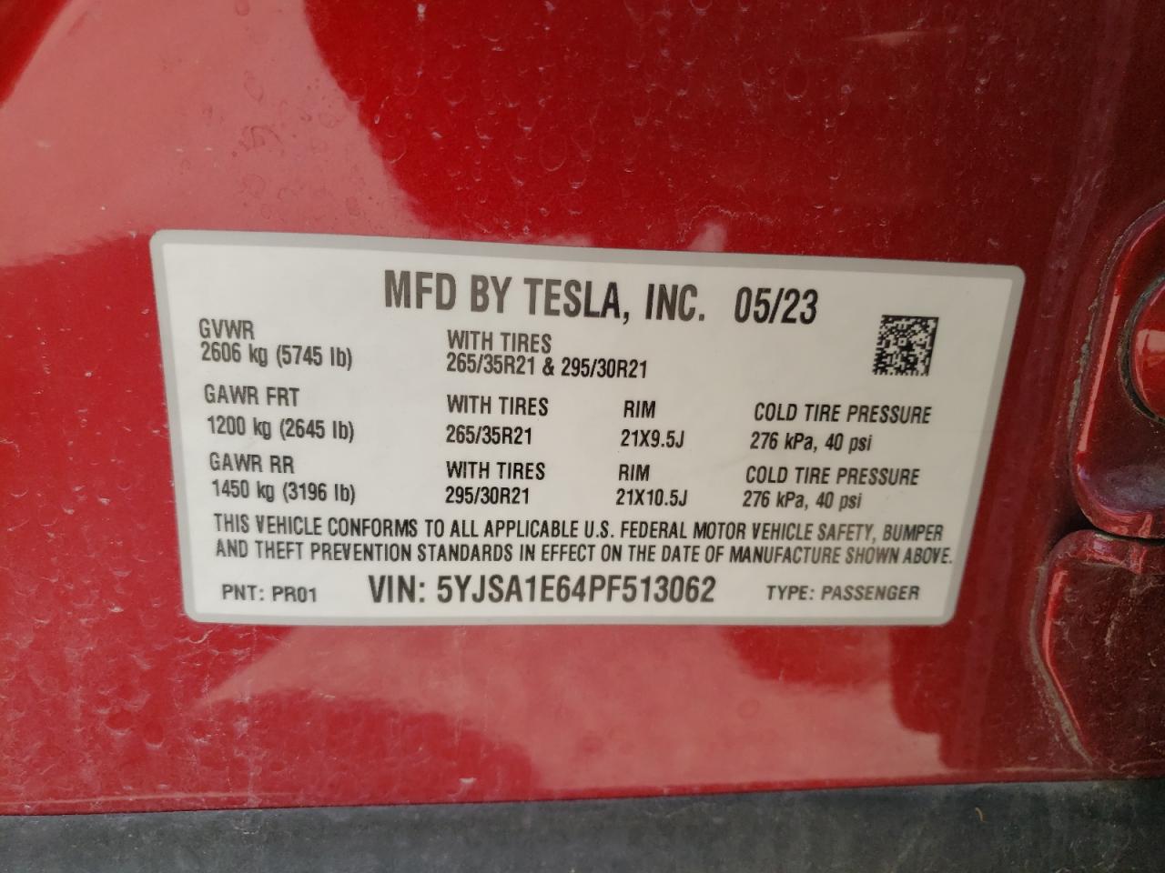 2023 TESLA MODEL S VIN:5YJSA1E64PF513062