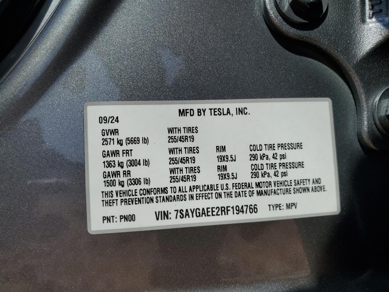 2024 TESLA MODEL Y VIN:7SAYGAEE2RF194766