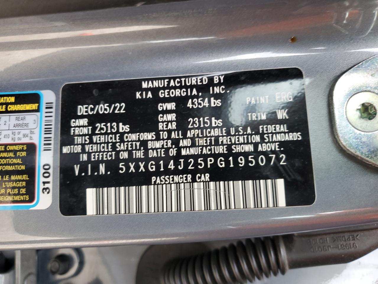 2023 KIA K5 LXS VIN:5XXG14J25PG195072