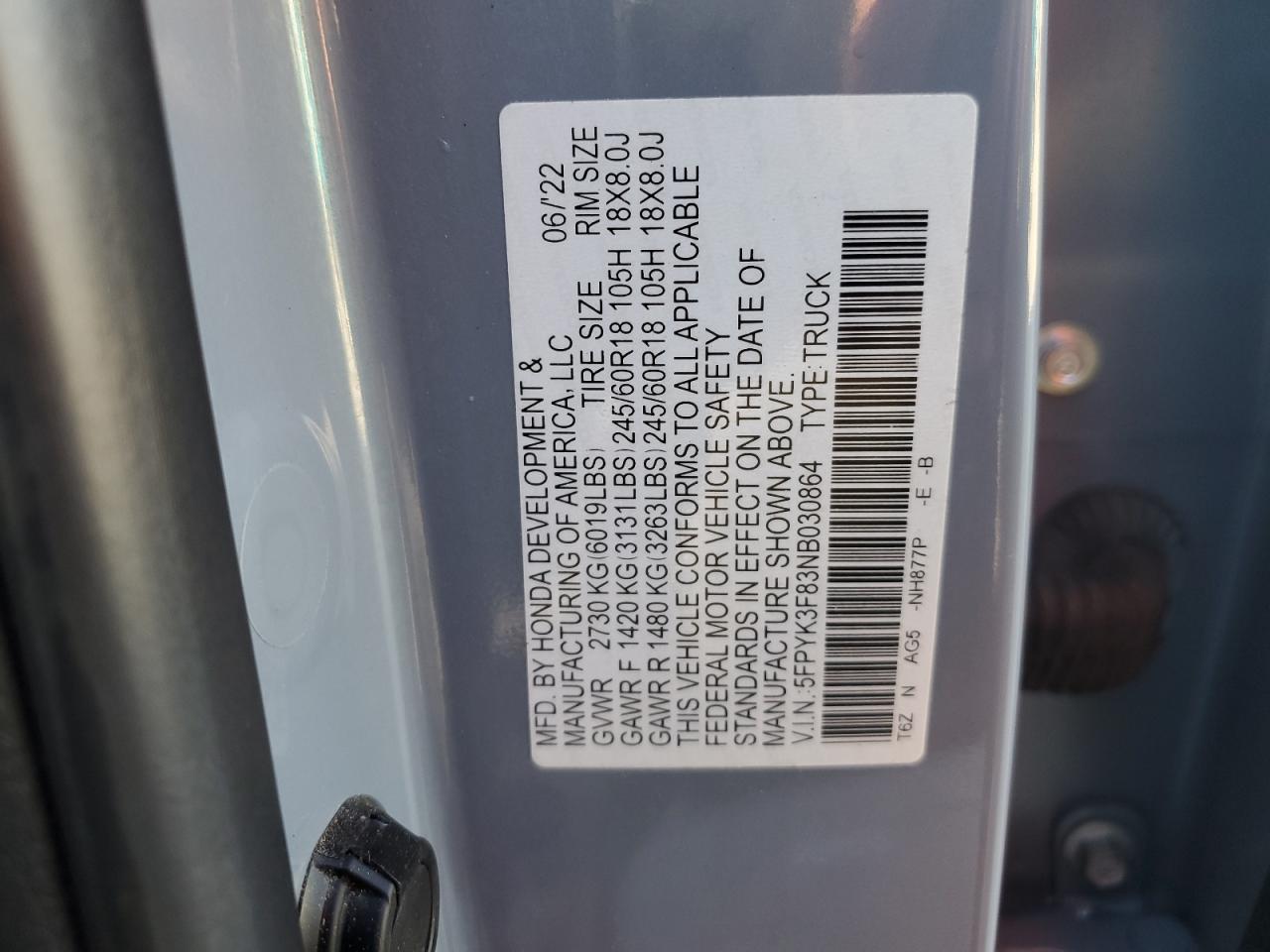 2022 HONDA RIDGELINE BLACK EDITION VIN:5FPYK3F83NB030864