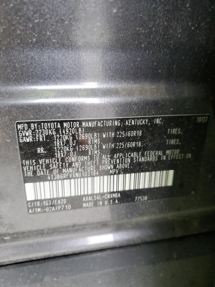 2022 TOYOTA RAV4 XLE PREMIUM VIN:4T3B6RFVXNU103184