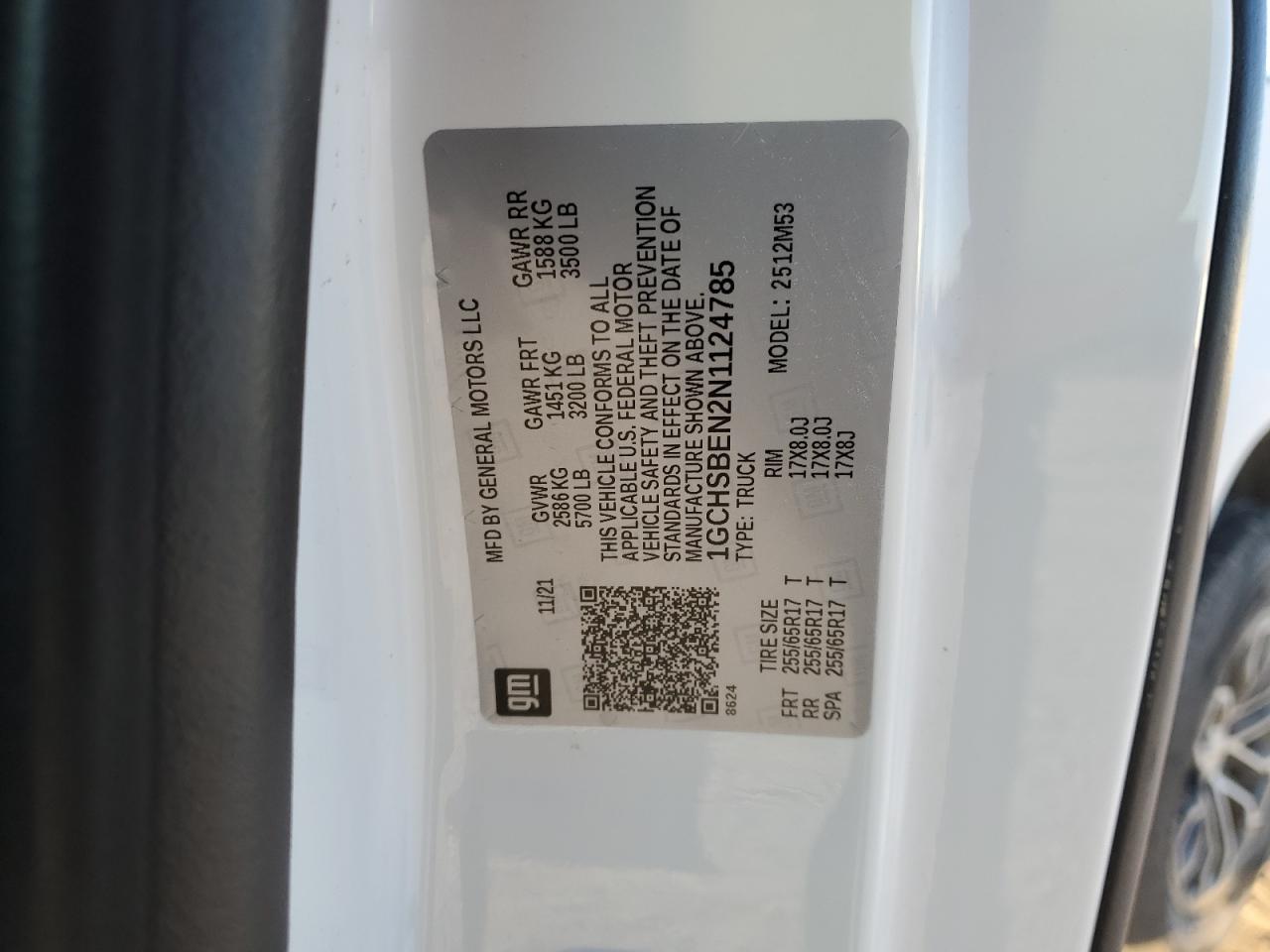 2022 CHEVROLET COLORADO VIN:1GCHSBEN2N1124785