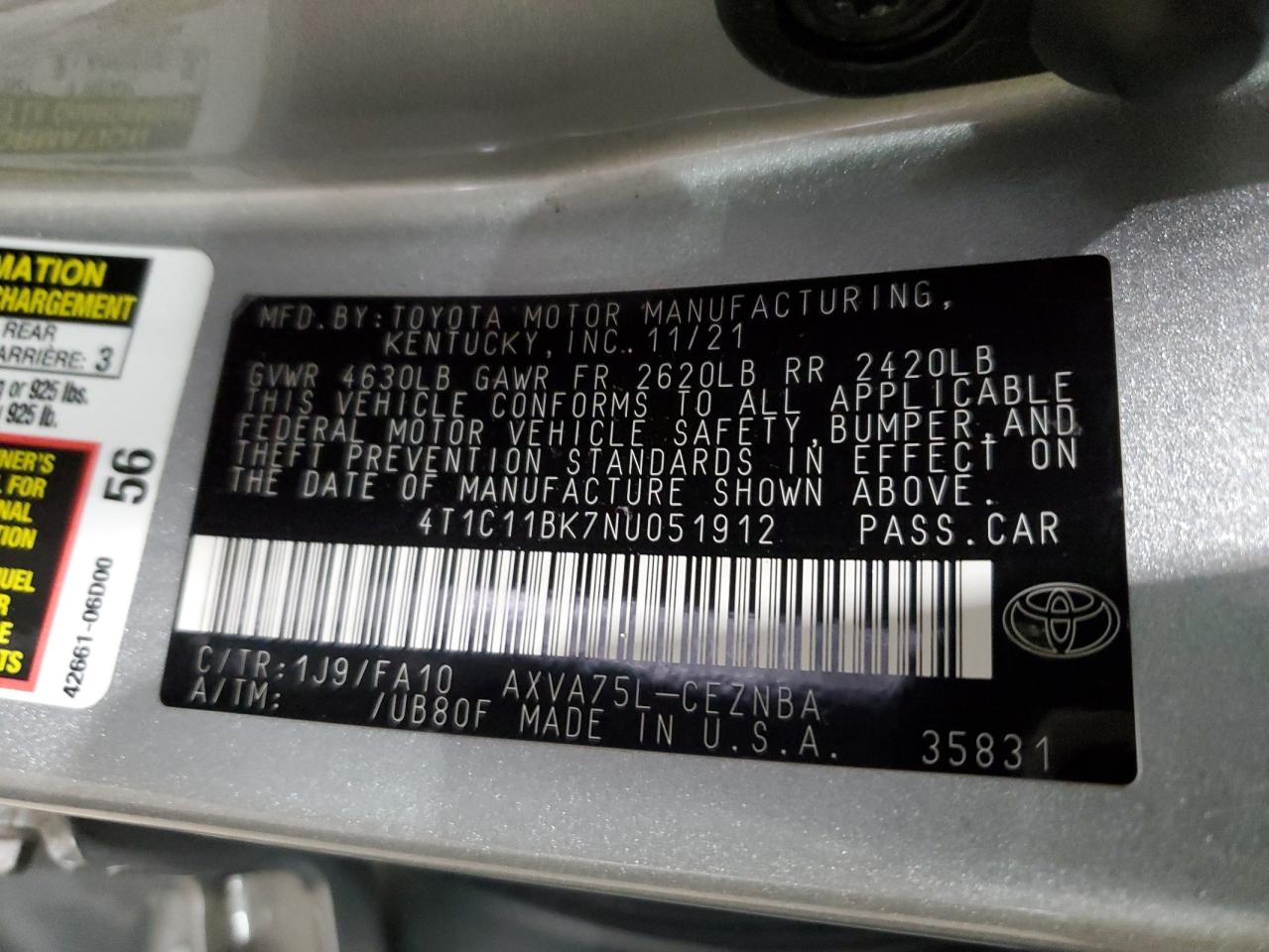 2022 TOYOTA CAMRY LE VIN:4T1C11BK7NU051912