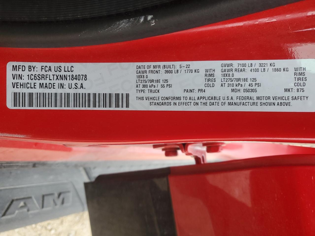 2022 RAM 1500 REBEL VIN:1C6SRFLTXNN184078