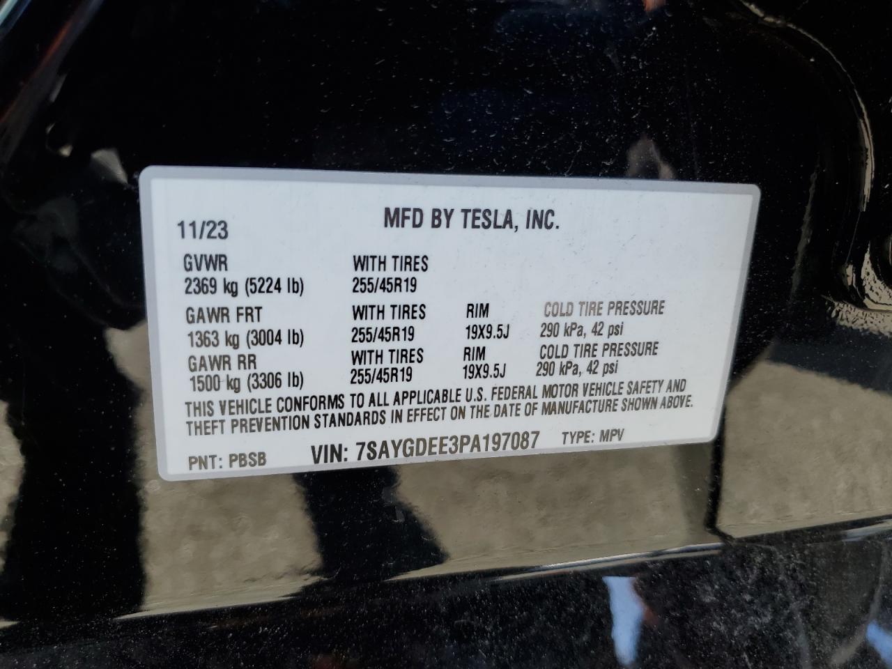 2023 TESLA MODEL Y VIN:7SAYGDEE3PA197087