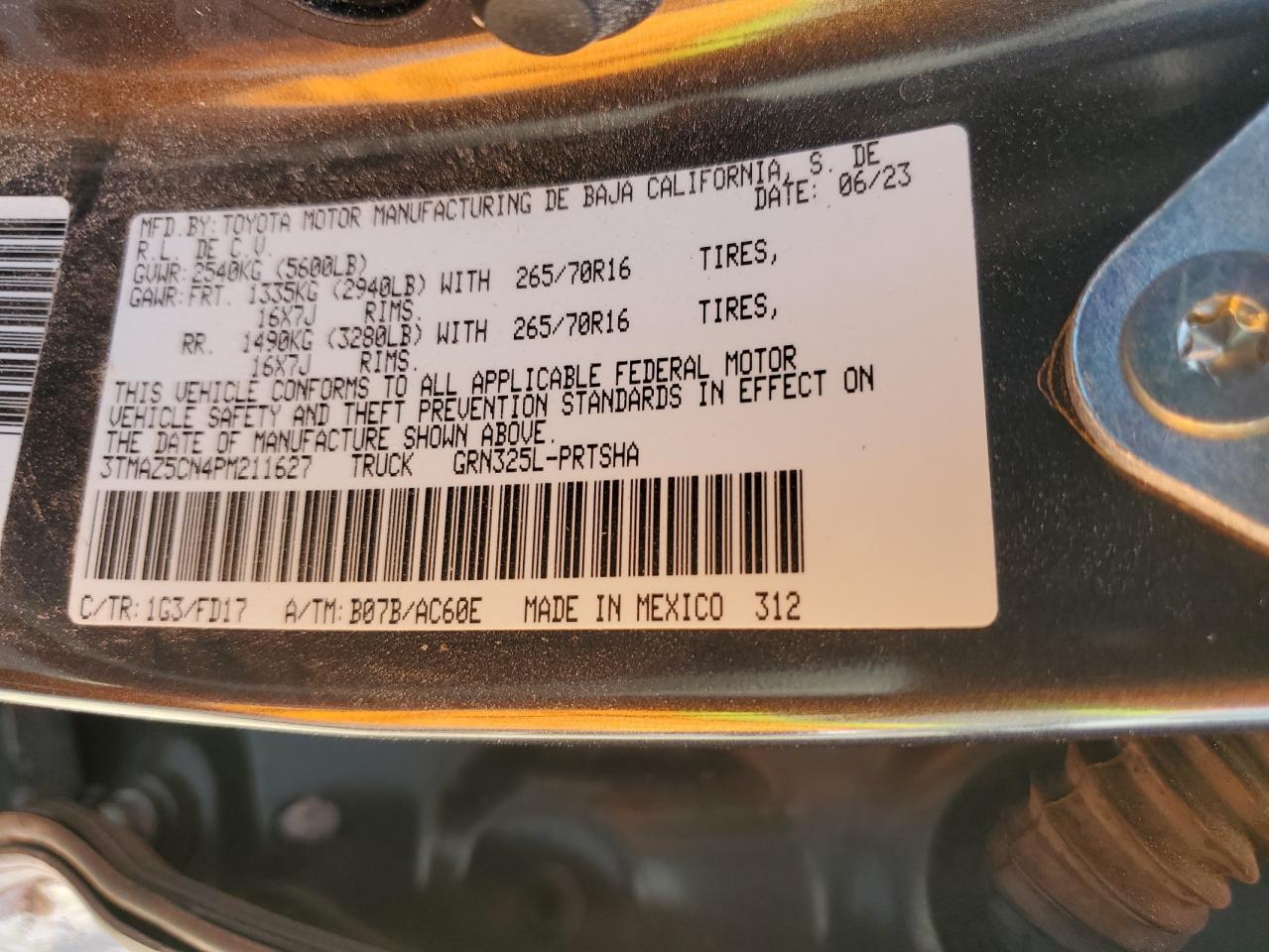 2023 TOYOTA TACOMA DOUBLE CAB VIN:3TMAZ5CN4PM211627