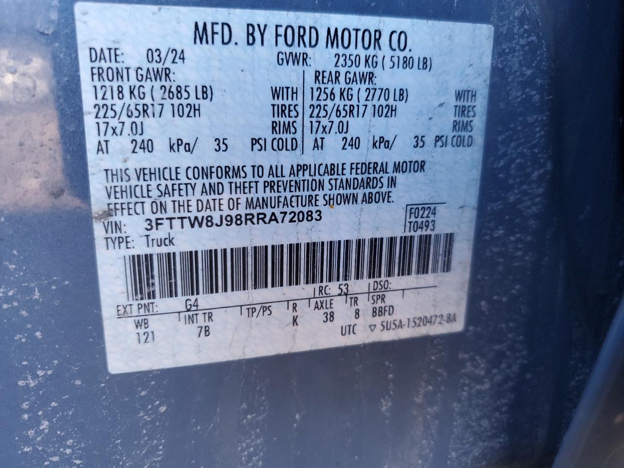 2024 FORD MAVERICK XLT VIN:3FTTW8J98RRA72083