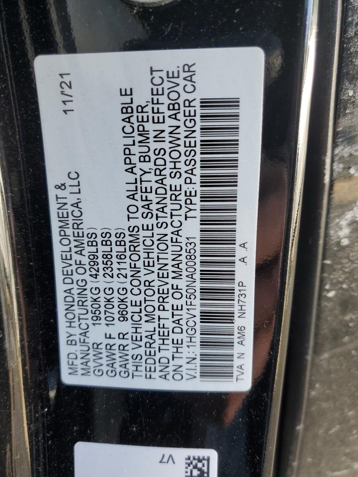 2022 HONDA ACCORD EXL VIN:1HGCV1F50NA008531