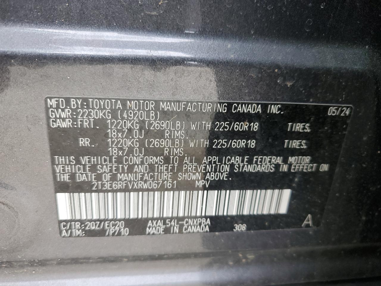 2024 TOYOTA RAV4 XSE VIN:2T3E6RFVXRW067161