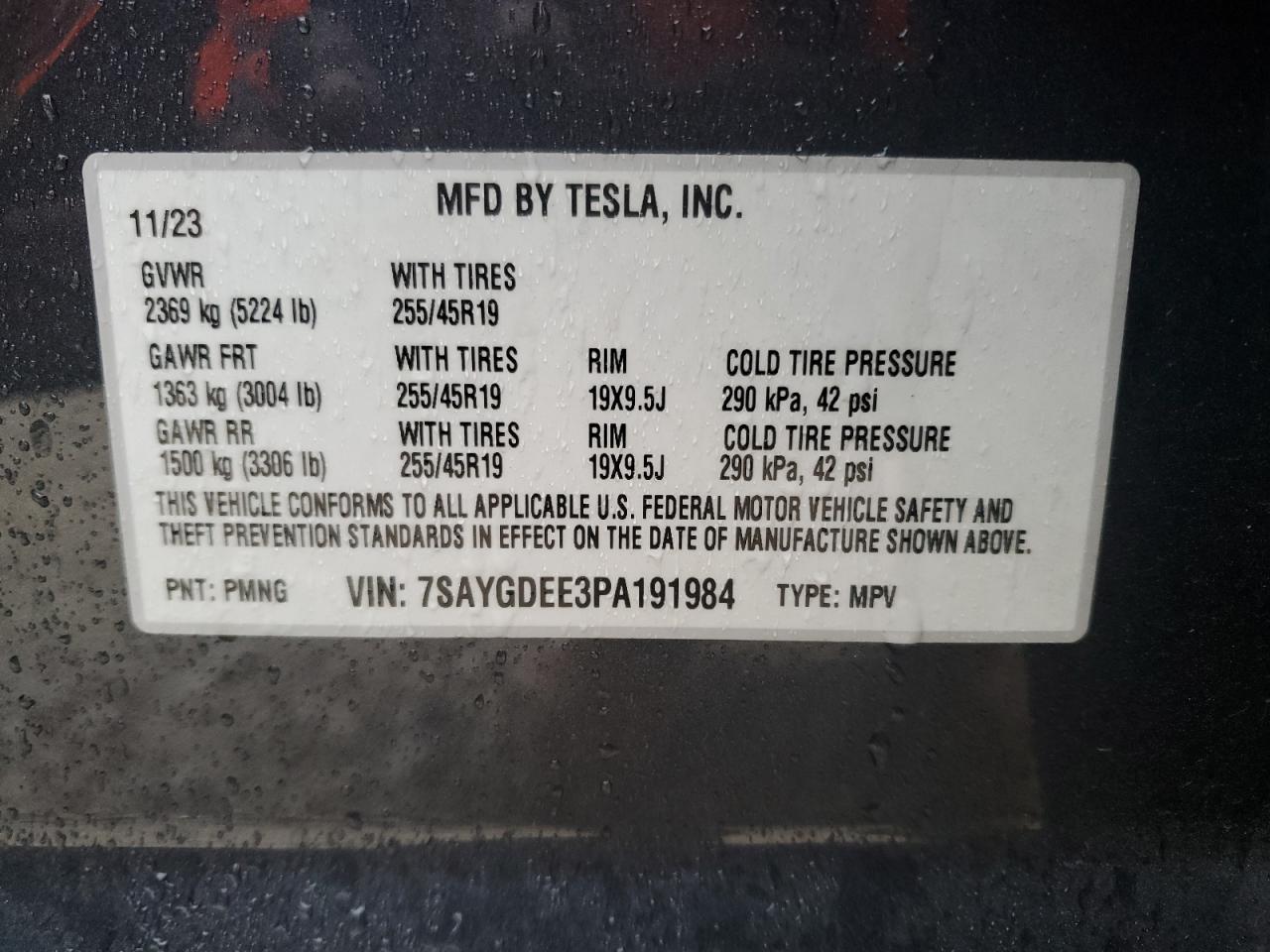 2023 TESLA MODEL Y VIN:7SAYGDEE3PA191984