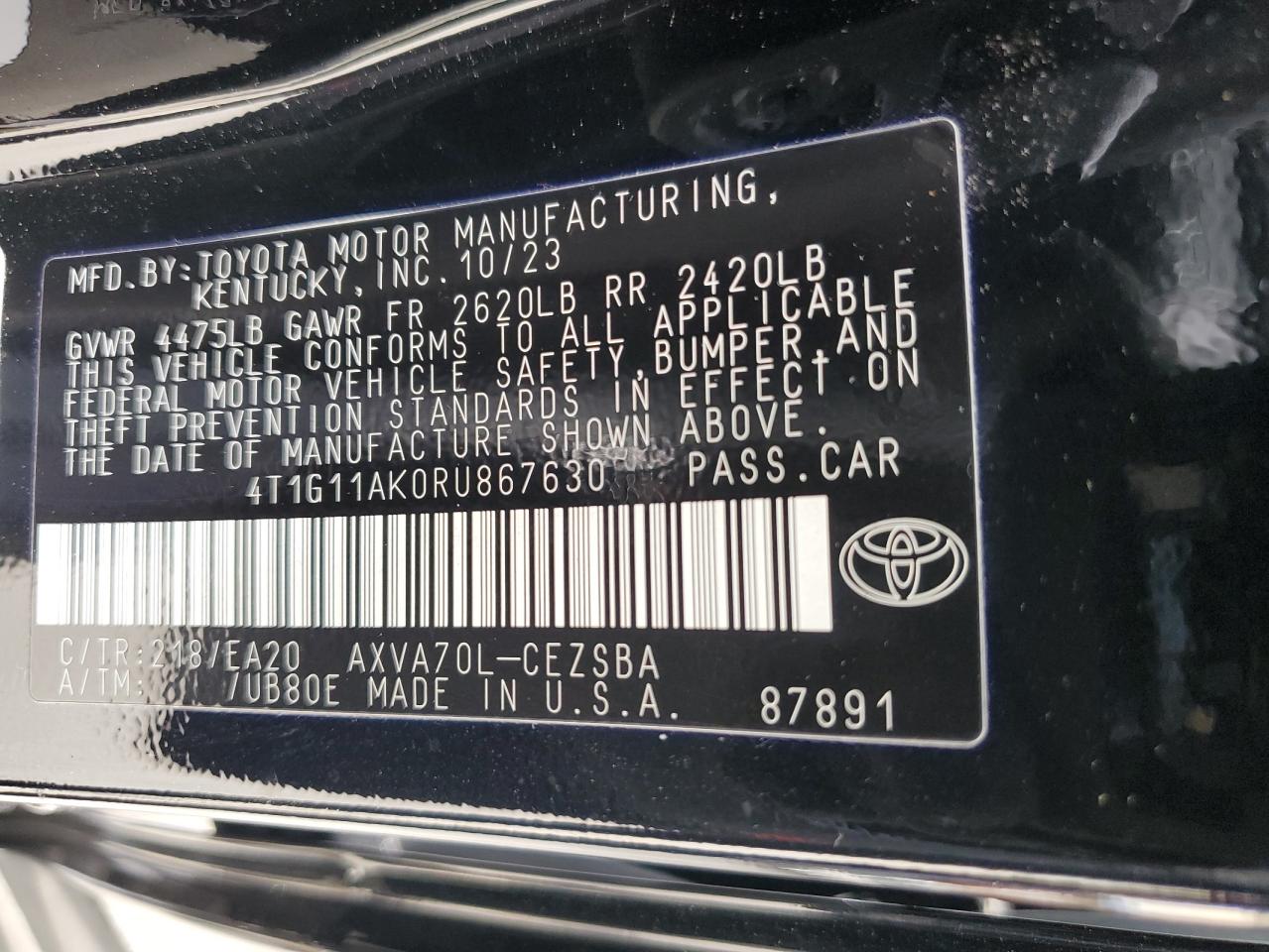 2024 TOYOTA CAMRY SE NIGHT SHADE VIN:4T1G11AK0RU867630