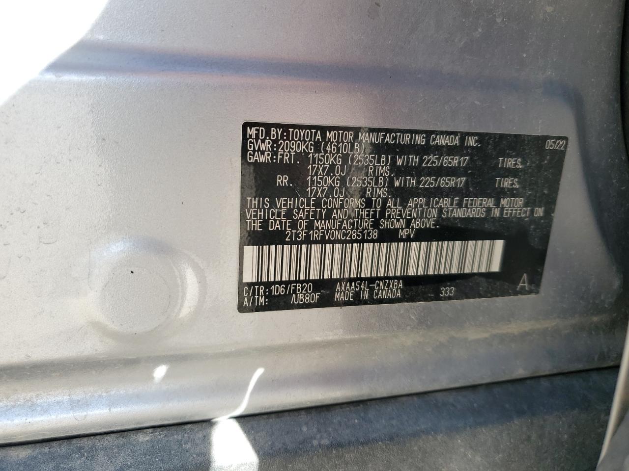 2022 TOYOTA RAV4 LE VIN:2T3F1RFV0NC285138