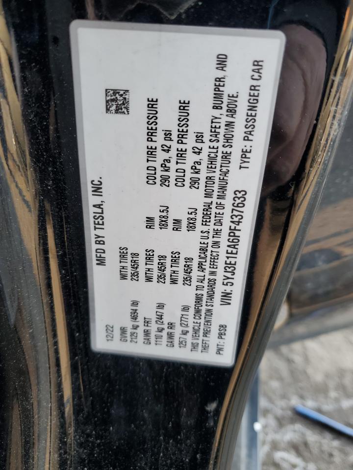 2023 TESLA MODEL 3 VIN:5YJ3E1EA6PF437633