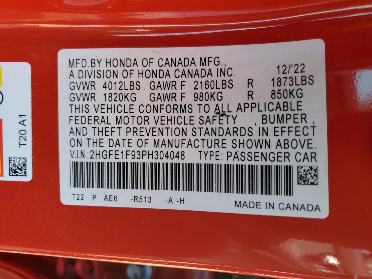 2023 HONDA CIVIC TOURING VIN:2HGFE1F93PH304048