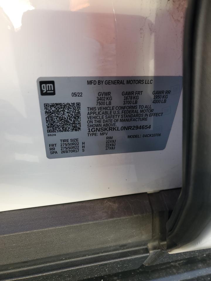 2022 CHEVROLET TAHOE K1500 RST VIN:1GNSKRKL0NR294654