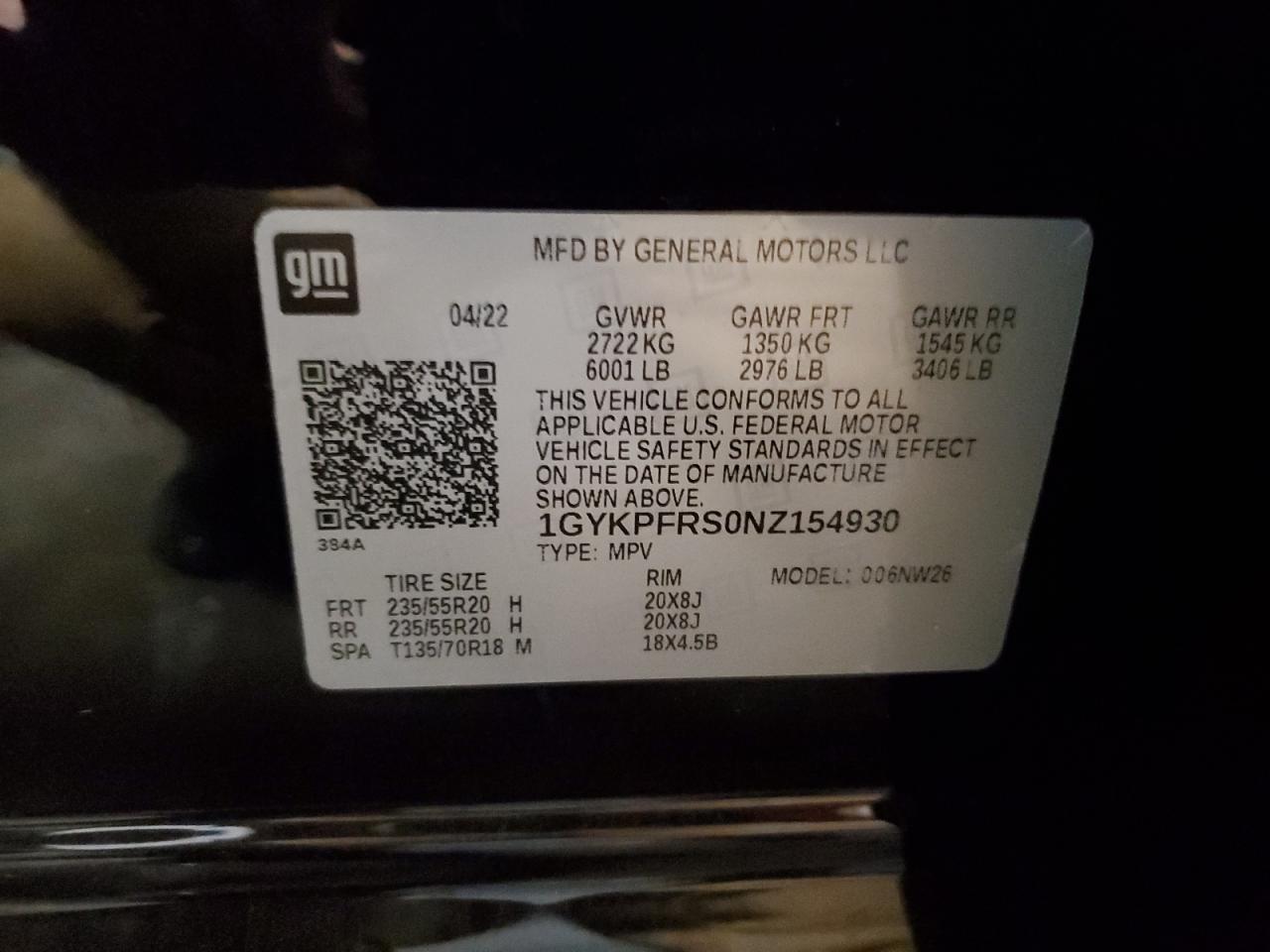 2022 CADILLAC XT6 PLATINUM PREMIUM LUXURY VIN:1GYKPFRS0NZ154930