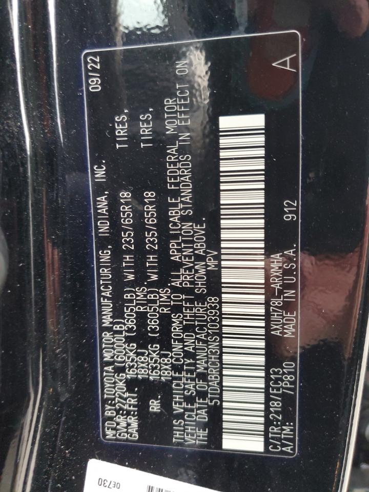 2022 TOYOTA HIGHLANDER HYBRID XLE VIN:5TDABRCH3NS103938