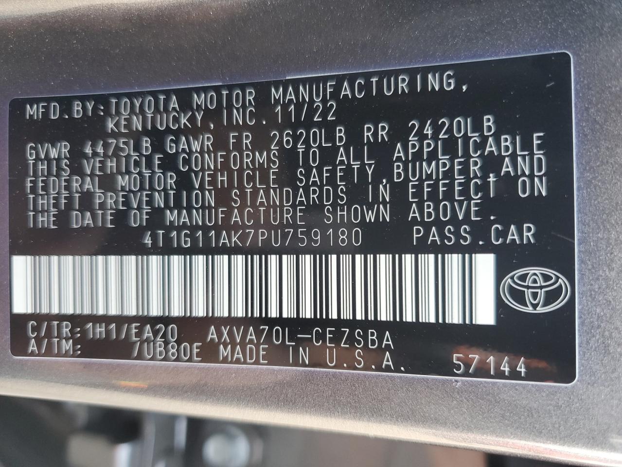 2023 TOYOTA CAMRY SE NIGHT SHADE VIN:4T1G11AK7PU759180