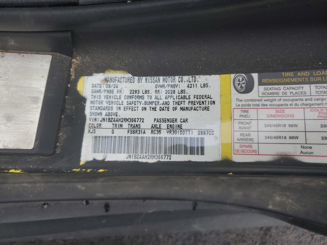 2024 NISSAN Z SPORT VIN:JN1BZ4AH2RM366772