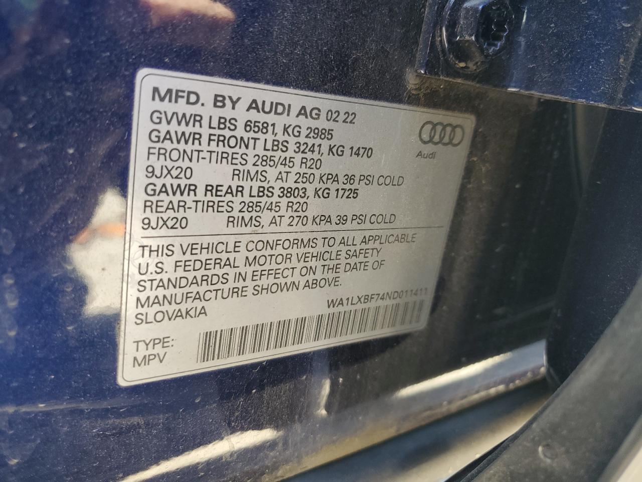 2022 AUDI Q7 PREMIUM PLUS VIN:WA1LXBF74ND011411