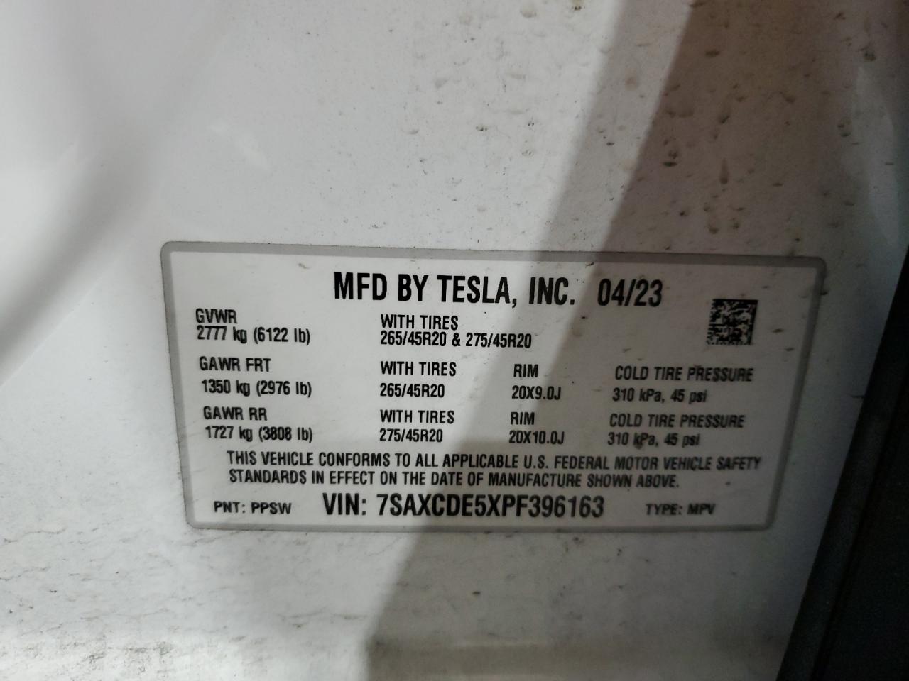 2023 TESLA MODEL X VIN:7SAXCDE5XPF396163