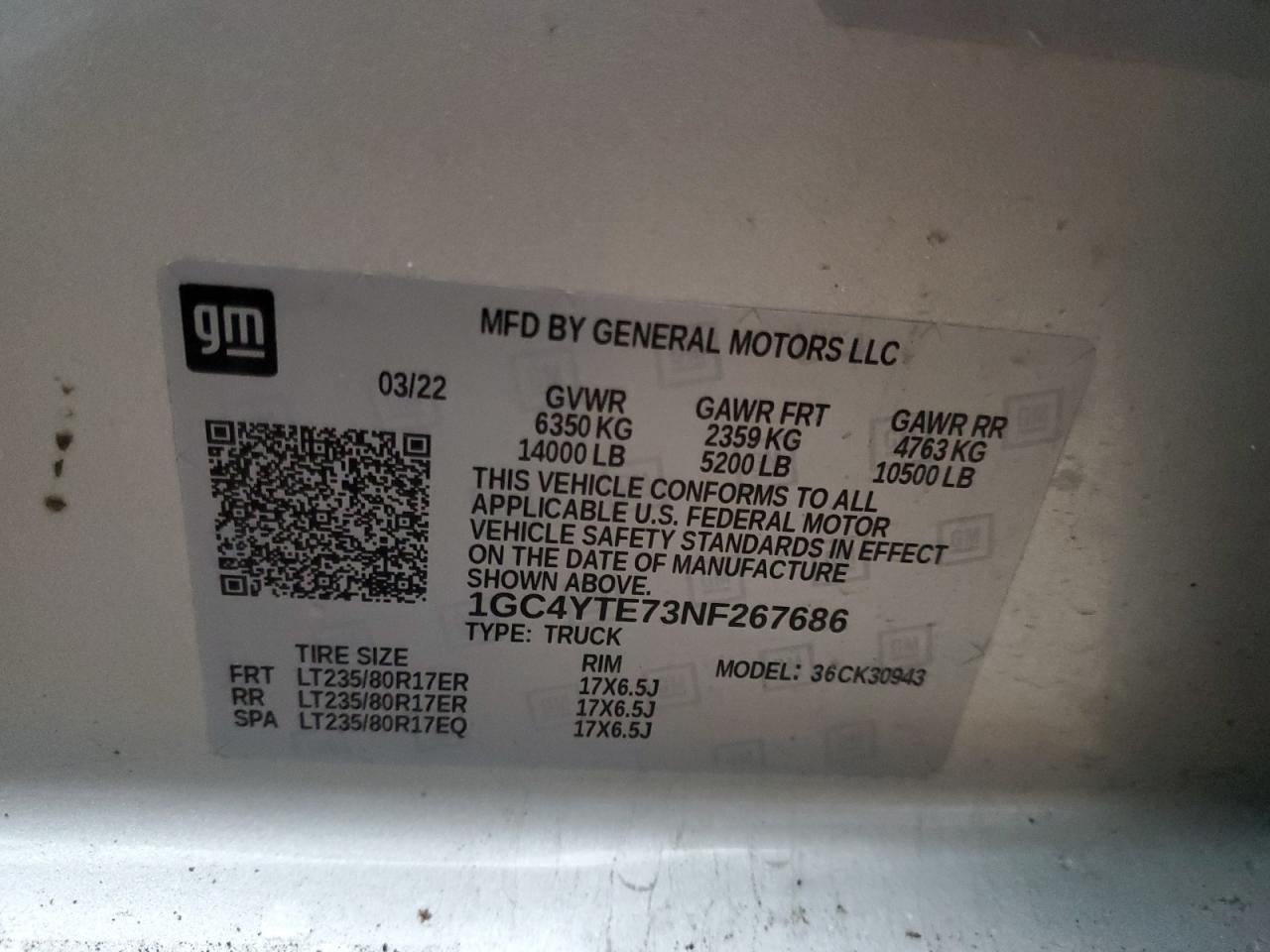 2022 CHEVROLET SILVERADO K3500 LT VIN:1GC4YTE73NF267686