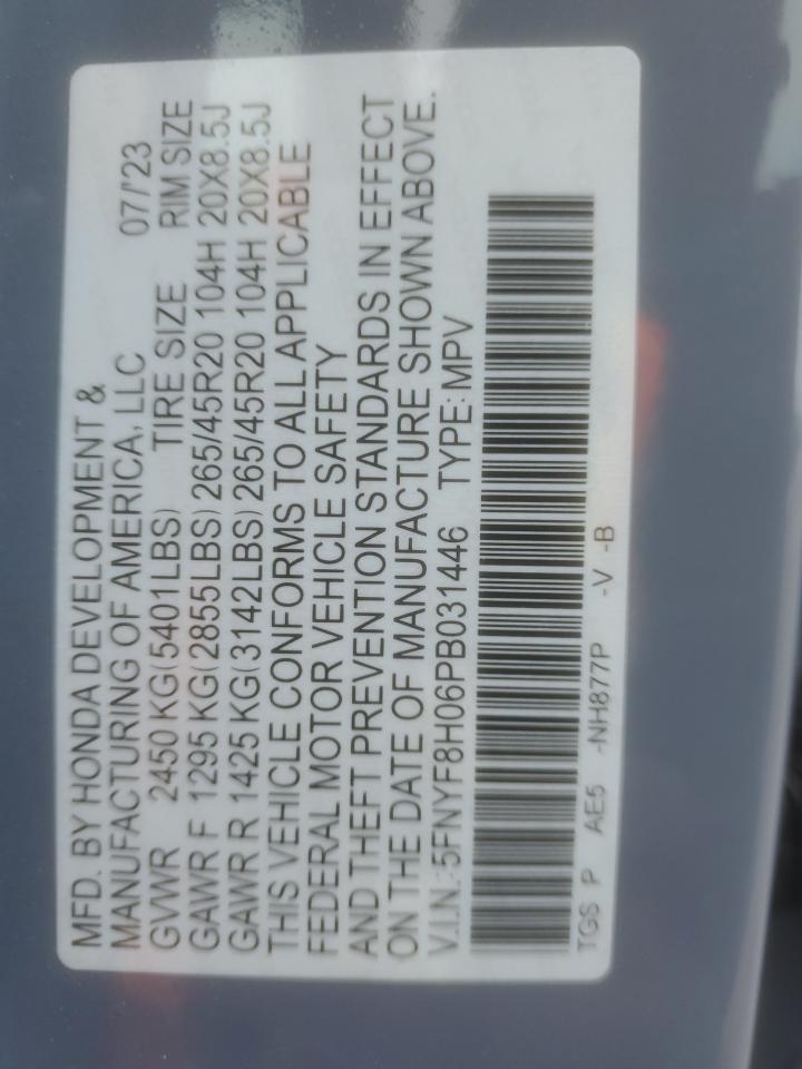 2023 HONDA PASSPORT ELITE VIN:5FNYF8H06PB031446