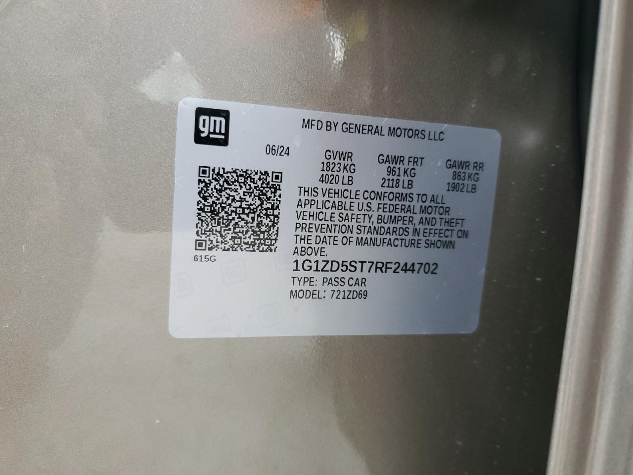 2024 CHEVROLET MALIBU LT VIN:1G1ZD5ST7RF244702