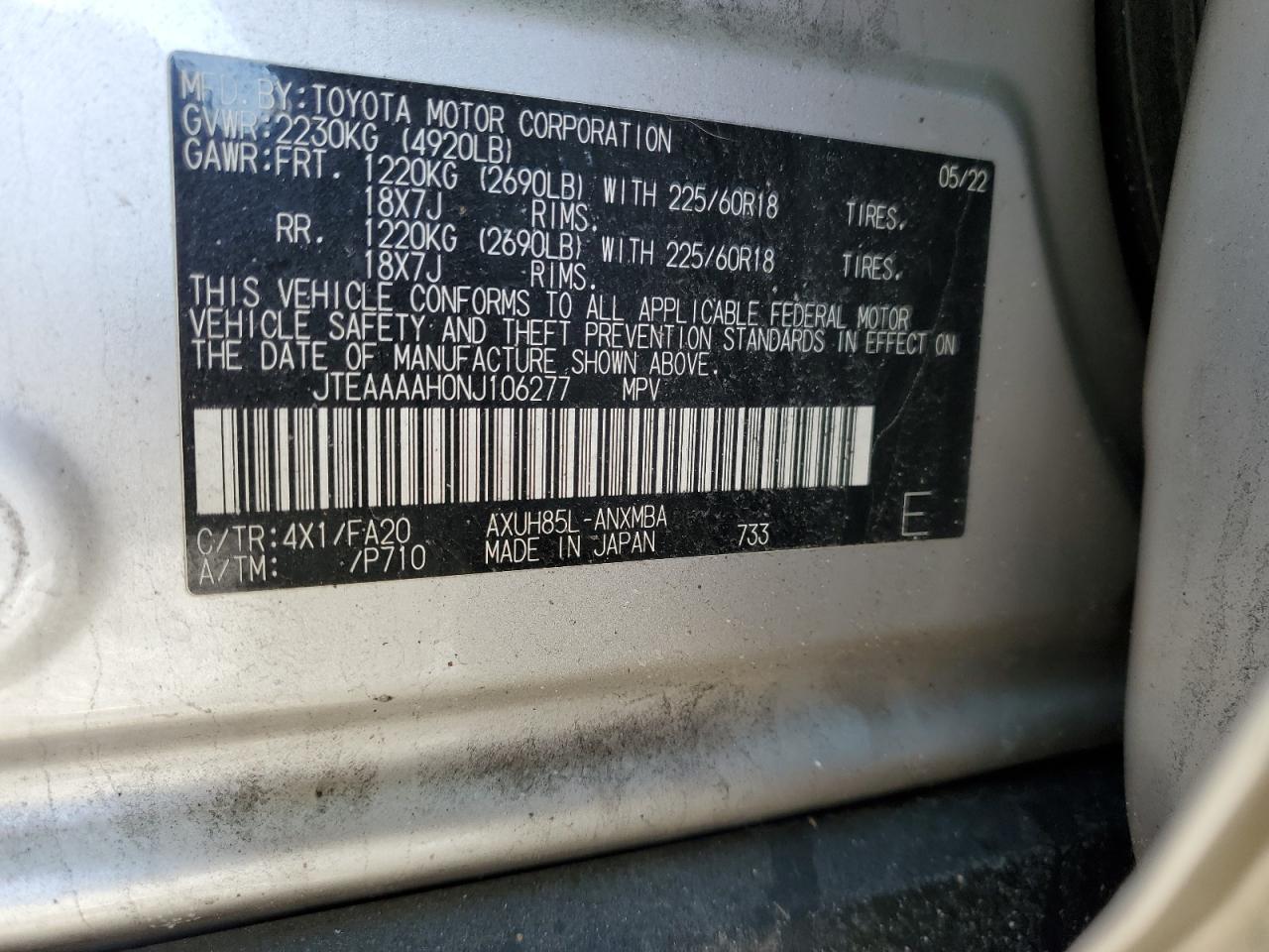 2022 TOYOTA VENZA LE VIN:JTEAAAAH0NJ106277