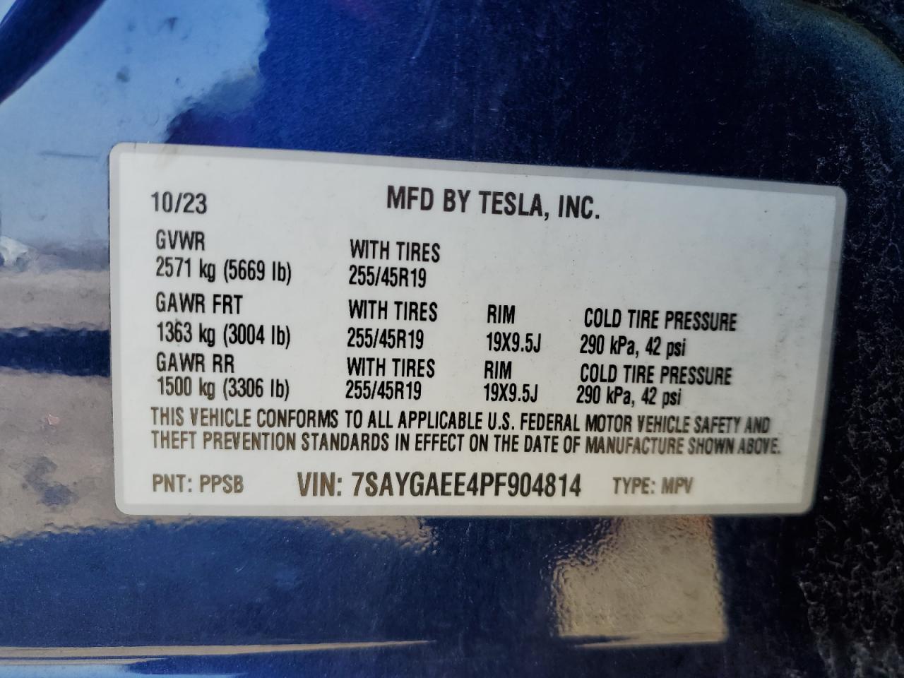 2023 TESLA MODEL Y VIN:7SAYGAEE4PF904814